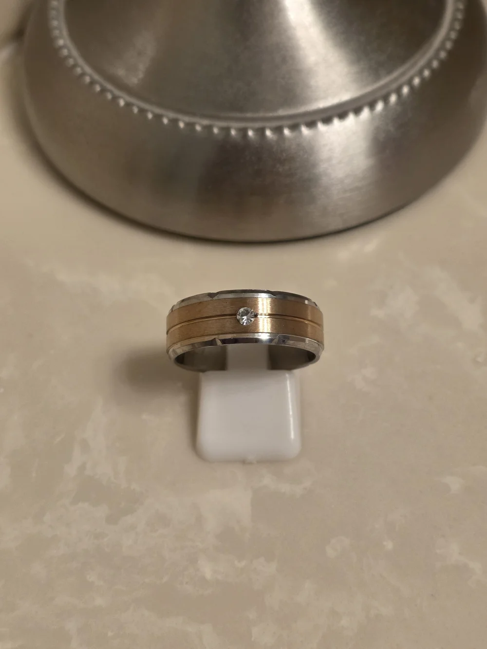 Two-Tone Stainless Steel and Copper-Tone Men’s Band with Center Stone